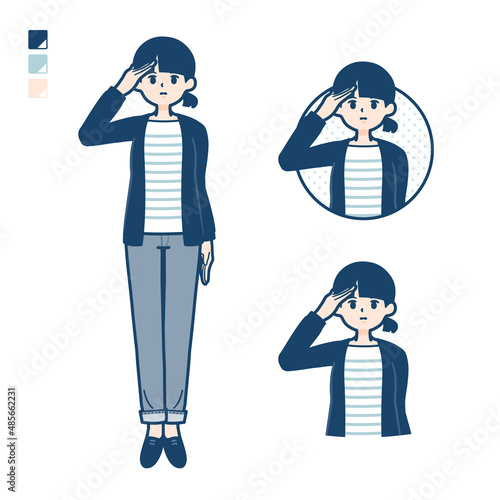 ひとつ結びヘアーの女性が敬礼しているイラスト