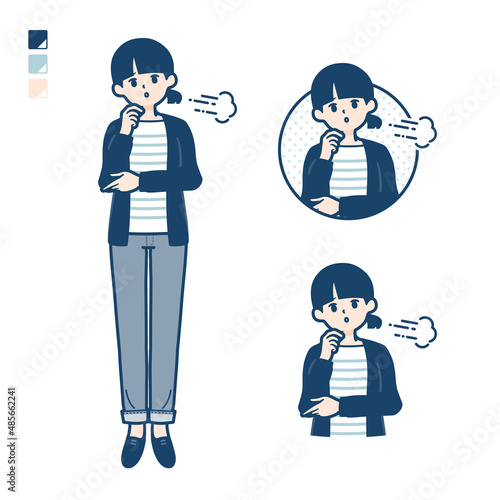 ひとつ結びヘアーの女性がため息をついているイラスト