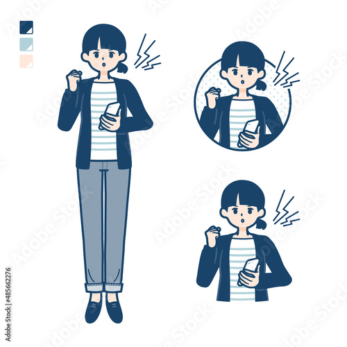 ひとつ結びヘアーの女性がスマートフォンを持ち怒っているイラスト