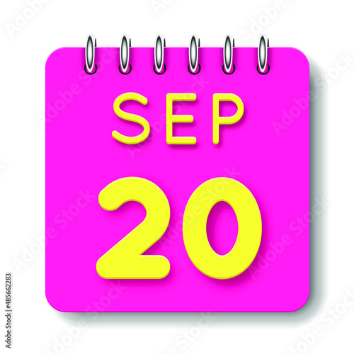 20 day of the month. September. Cute calendar daily icon. Date day week Sunday, Monday, Tuesday, Wednesday, Thursday, Friday, Saturday. Neon yellow. Pink Paper. White background.