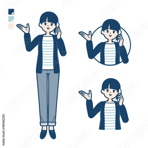 ひとつ結びヘアーの女性がスマートフォンで通話しているイラスト