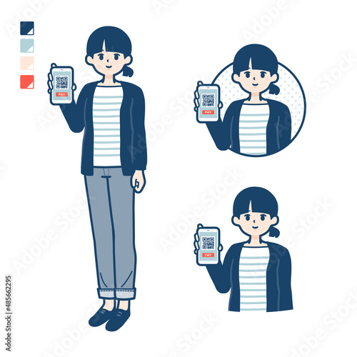 ひとつ結びヘアーの女性がスマートフォンでキャッシュレス決済しているイラスト