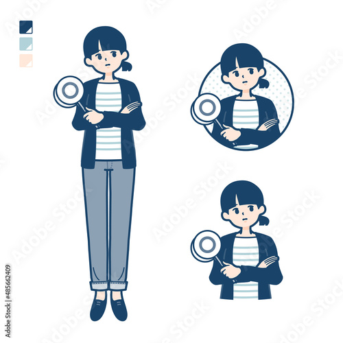 ひとつ結びヘアーの女性が回答を考えるイラスト