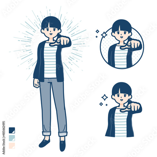 ひとつ結びヘアーの女性が正面を指差しているイラスト