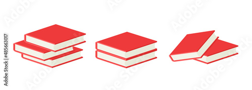 A set of 3d books. Red Books. Stacks of books in different positions. Vector clipart.