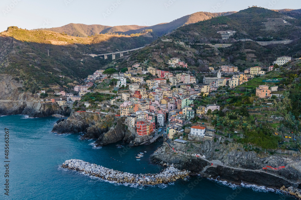 Aerial view of Riomaggiore at sunrise, Cinque Terre, Liguria, Italy. Aerial view of Riomaggiore at sunrise, Cinque Terre, Liguria, Italy.