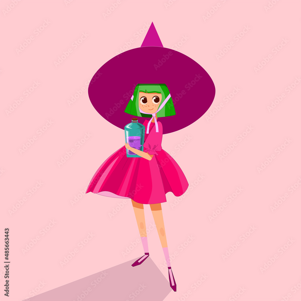 Hand drawn little witch with a jar of potionМ Hand drawn little witch with a jar of potionМ