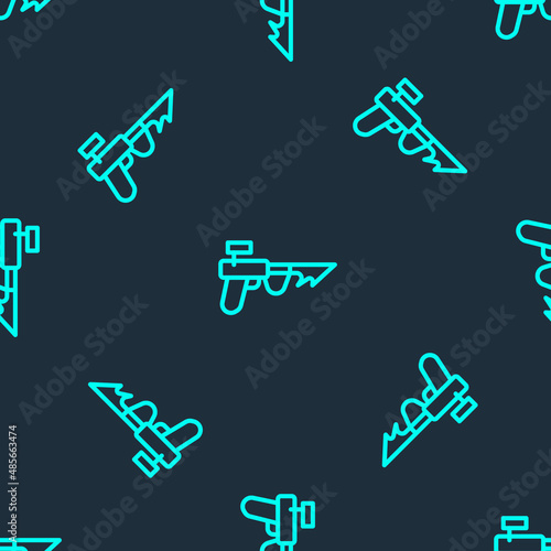 Green line Fishing harpoon icon isolated seamless pattern on blue background. Fishery manufacturers for catching fish under water. Diving underwater equipment. Vector