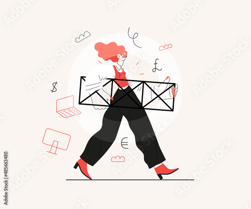 Startup illustration. Flat line vector modern concept illustration of young woman, startup metaphor. Concept of building new business, planning and strategy, teamwork and management, company processes