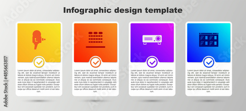 Set Retro cinema camera, Cinema auditorium with seats, Movie, film, media projector and Online play video. Business infographic template. Vector
