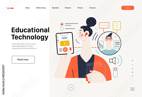 Technology Memphis - educational technology -modern flat vector concept digital illustration of distant education via application, student and tutor video chat. Creative landing web page template