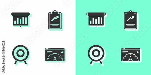 Set Website statistic, Board with graph chart, Target sport and Clipboard icon. Vector