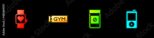 Set Smart watch, Location gym, Anabolic drugs and Music player icon. Vector
