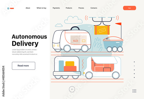 Technology Memphis - autonomous delivery -modern flat vector concept digital illustration of last mile robot delivery trucks. Creative landing web page template