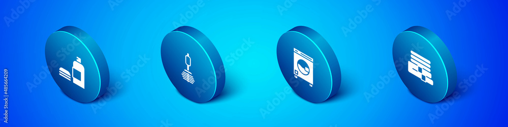 Set Isometric Bottle of shampoo, Washer, Towel stack and Toilet brush icon. Vector Set Isometric Bottle of shampoo, Washer, Towel stack and Toilet brush icon. Vector