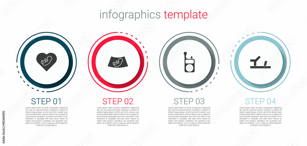 Set Baby inside heart, Ultrasound of baby, Monitor Walkie Talkie and shoes. Business infographic template. Vector Set Baby inside heart, Ultrasound of baby, Monitor Walkie Talkie and shoes. Business infographic template. Vector