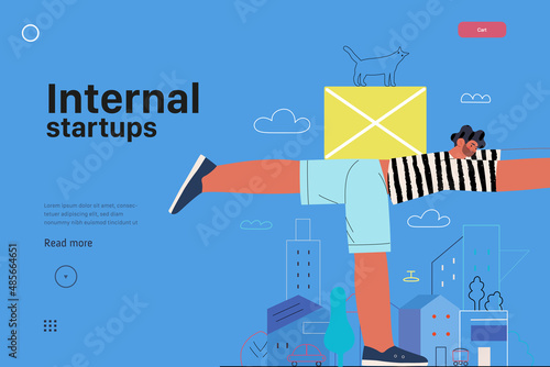 Startup illustration, website landing template Flat line vector modern concept illustration, startup metaphor. Concept of building new business, strategy, company processes. Internal startups
