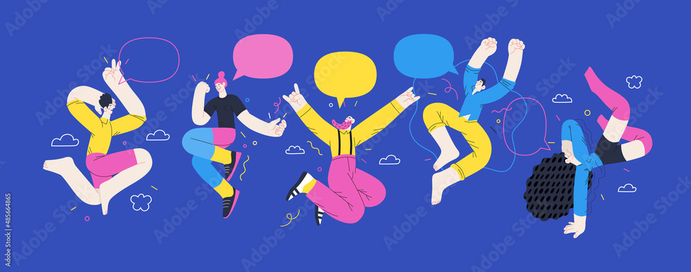 Fototapeta premium Happiness - happy young man and woman jumping in the air cheerfully. Modern flat vector concept illustration of a happy jumping and dancing person. Feeling and emotion concept.