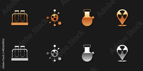 Set Test tube and flask, Molecule, and Radioactive in location icon. Vector