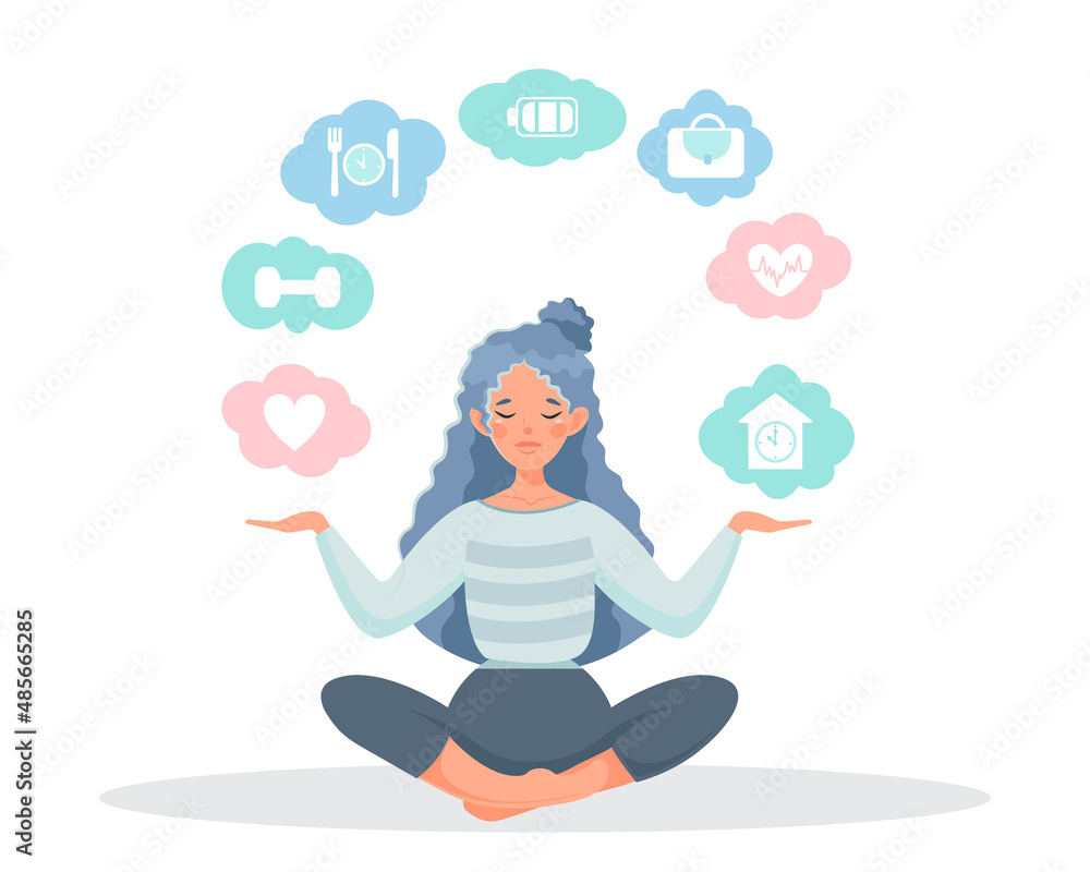 A girl in the lotus position and icons of healthy habits A girl in the lotus position and icons of healthy habits