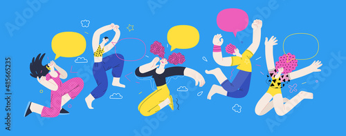 Happiness - happy young man and woman jumping in the air cheerfully. Modern flat vector concept illustration of a happy jumping and dancing person. Feeling and emotion concept.