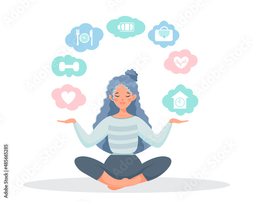 A girl in the lotus position and icons of healthy habits