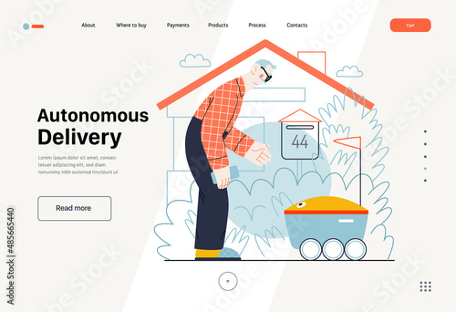 Technology Memphis - autonomous delivery -modern flat vector concept digital illustration of an elderly man inviting a last mile robot delivery truck. Creative landing web page template