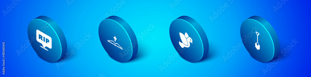 Set Isometric Speech bubble rip death, Dove, Shovel and Holy bible book icon. Vector Set Isometric Speech bubble rip death, Dove, Shovel and Holy bible book icon. Vector