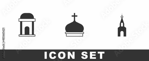 Set Old crypt, Church tower and building icon. Vector