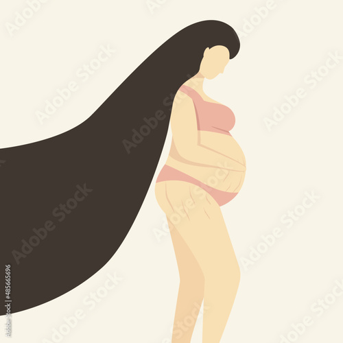 Pregnant woman in a bathing suit. Body positive. Stretch marks in a pregnant woman.