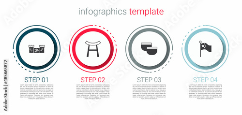 Set Great wall of China, Japan Gate, Chinese tea ceremony and flag flagpole. Business infographic template. Vector