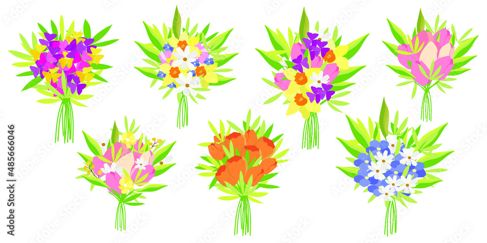 Set of beautiful tender bouquets with garden and wild flowers vector flat illustration. Collection for March 8 and Valentine's Day.