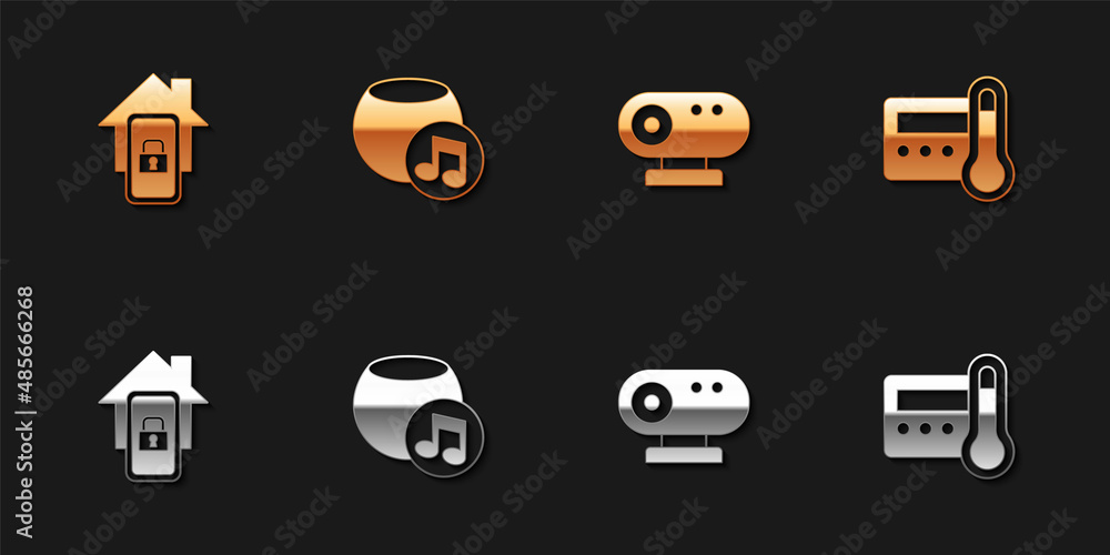 Set Mobile with smart home, Voice assistant, Web camera and Thermostat icon. Vector Set Mobile with smart home, Voice assistant, Web camera and Thermostat icon. Vector