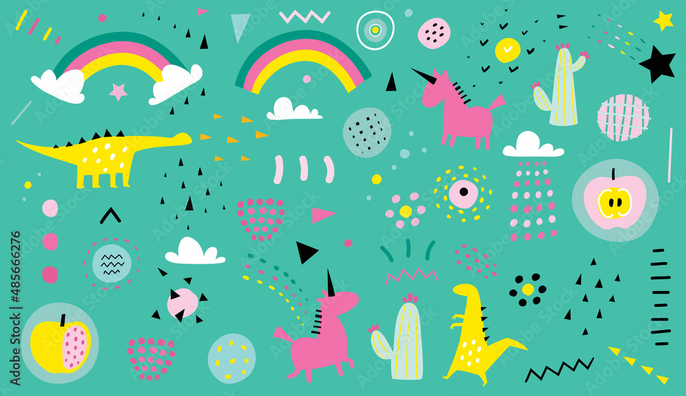 Abstract shapes of unicorns, dinosaurs and rainbows for modern kids design. Prints on textile, abstract art for children. Creative hand drawn raspberry and apples. Vector design for kids. Abstract shapes of unicorns, dinosaurs and rainbows for modern kids design. Prints on textile, abstract art for children. Creative hand drawn raspberry and apples. Vector design for kids.