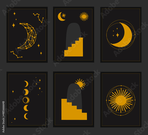 Set of magical posters, mystical elements. Symbols of the spiritual moon and sun. Poster design on astrology or sacred geometry.