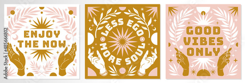 Boho mystical posters with inspirational quotes about energy, magic and good vibes in trendy bohemian style.
