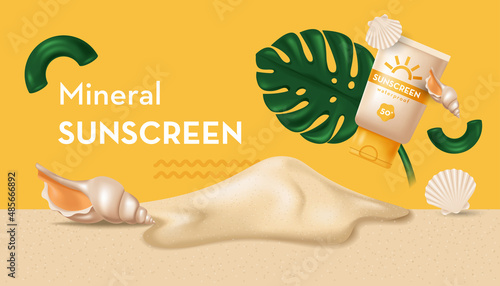 Banner with Summer cosmetic products, sand, monstera leaf, shell. Vector isolated 3D realistic illustration