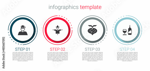 Set Graduate and graduation cap, Scarecrow, Beet and Wine bottle with glass. Business infographic template. Vector