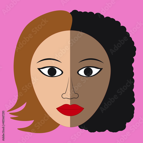 portrait of a woman about racism , white woman on one side black woman on another side 