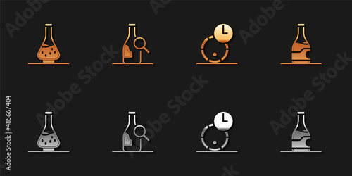 Set Decanter for wine, Bottle of, Wooden barrel and icon. Vector