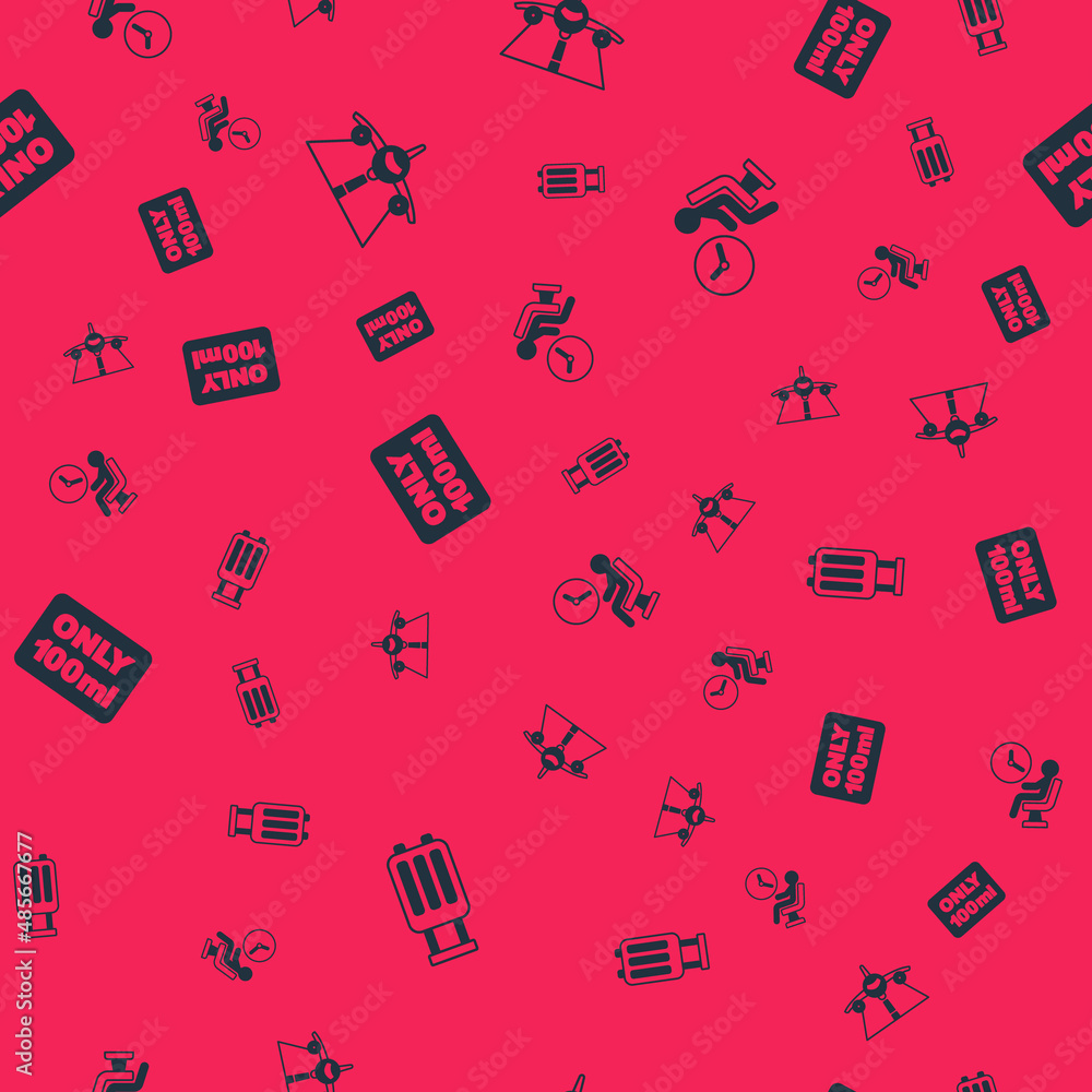 Set Suitcase, Plane, Liquids in carry-on baggage and Human waiting airport terminal on seamless pattern. Vector Set Suitcase, Plane, Liquids in carry-on baggage and Human waiting airport terminal on seamless pattern. Vector