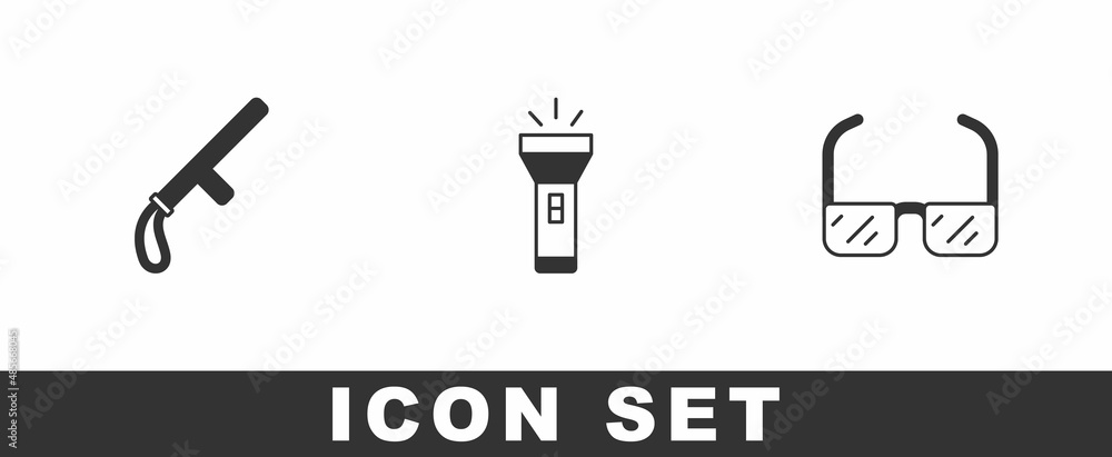Set Police rubber baton, Flashlight and Safety goggle glasses icon. Vector Set Police rubber baton, Flashlight and Safety goggle glasses icon. Vector