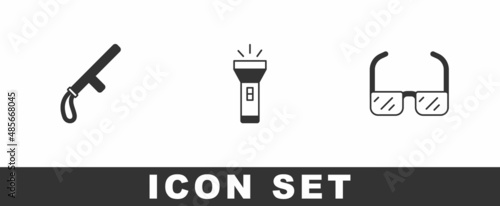 Set Police rubber baton, Flashlight and Safety goggle glasses icon. Vector