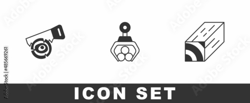 Set Hand saw and log, Grapple crane grabbed and Wooden beam icon. Vector