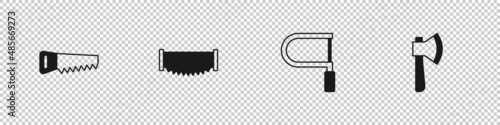 Set Hand saw, Two-handed, Hacksaw and Wooden axe icon. Vector