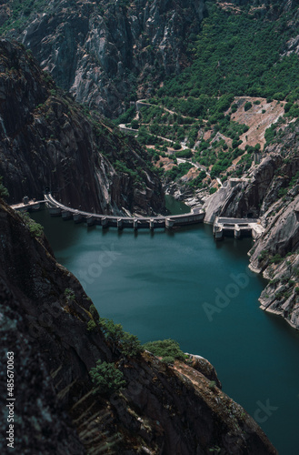 Landscape of dam between mountains in nature 