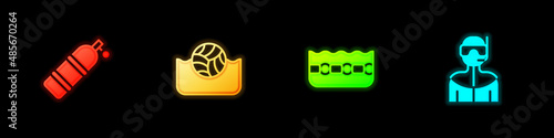 Set Aqualung, Water polo, Swimming pool and Wetsuit for scuba diving icon. Vector