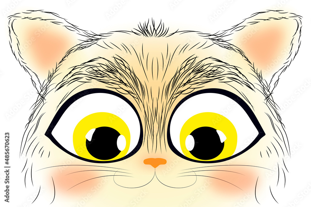 Fototapeta premium Cute muzzle of a little kitten, funny cat with big eyes, children's illustration