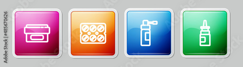 Set line Ointment cream tube medicine, Pills blister pack, Bottle with nozzle spray and nasal. Colorful square button. Vector