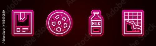 Set line Bag of coffee beans, Cookie or biscuit, Bottle with milk and Chocolate bar. Glowing neon icon. Vector